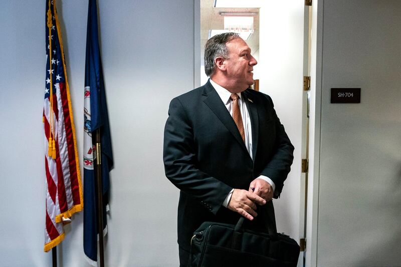 epa06677791 CIA Director Mike Pompeo leaves a meeting with Democratic Senator from Virginia Mark Warner (out of frame) in the Hart Senate Office Building in Washington DC, USA, 18 April 2018. Two weeks ago, Pompeo met secretly with North Korean leader Kim Jong Un in North Korea.  EPA/JIM LO SCALZO