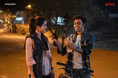 Jitendra Kumar and Arushi Sharma in 'Jaadugar'. Courtesy Netflix. 