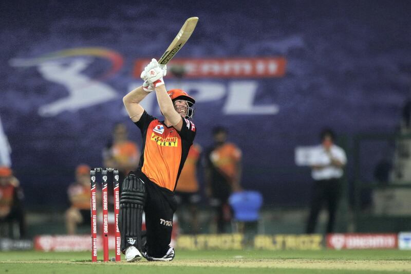 David Warner captain of Sunrisers Hyderabad plays a shot during match 11 of season 13 of Indian Premier League (IPL) between the Delhi Capitals and the Sunrisers Hyderabadheld at the Sheikh Zayed Stadium, Abu Dhabi  in the United Arab Emirates on the 29th September 2020.  Photo by: Pankaj Nangia  / / Sportzpics for BCCI