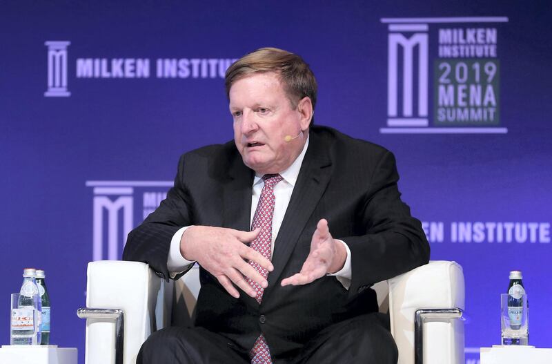 ABU DHABI , UNITED ARAB EMIRATES , February 13 – 2019 :- Ron Burkle, The Yucaipa Companies during the Emerging Trends: Shaping Real Estate session at the Milken Institute MENA Summit 2019 held at The St. Regis Saadiyat Island Resort in Abu Dhabi.  ( Pawan Singh / The National ) For News/Business/Instagram. Story by Dania
