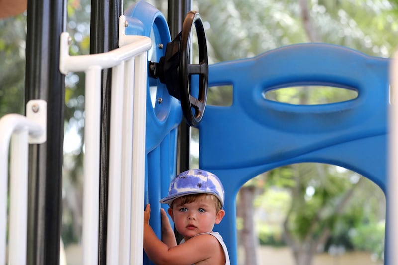 Dubai, United Arab Emirates - Reporter: N/A. News. Oliver plays in the park as children's play areas start to open around Dubai. Wednesday, June 24th, 2020. Dubai. Chris Whiteoak / The National