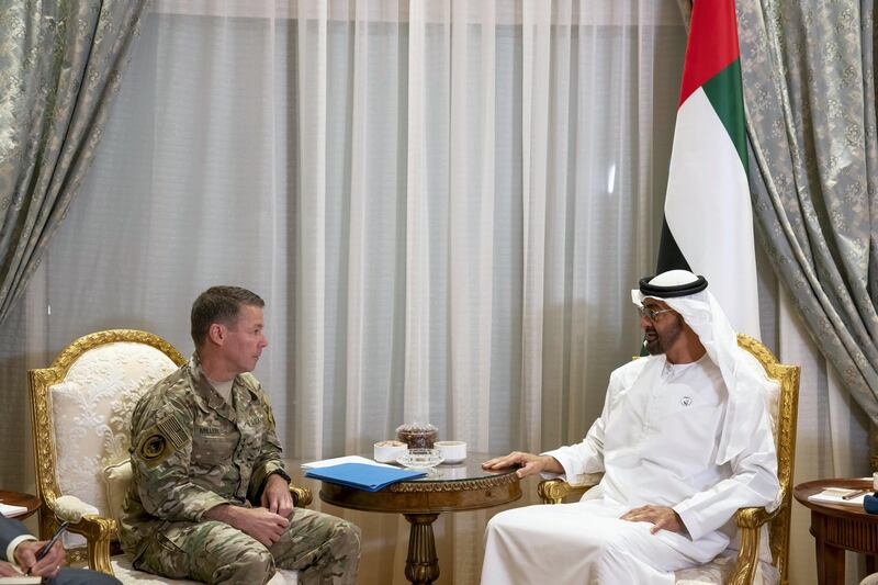 ABU DHABI, UNITED ARAB EMIRATES - January 12, 2019: HH Sheikh Mohamed bin Zayed Al Nahyan, Crown Prince of Abu Dhabi and Deputy Supreme Commander of the UAE Armed Forces (R), meets with General Austin S. Miller, Commander of NATO's Resolute Support Mission and US Forces in Afghanistan (L).

( Mohamed Al Hammadi / Ministry of Presidential Affairs )
---