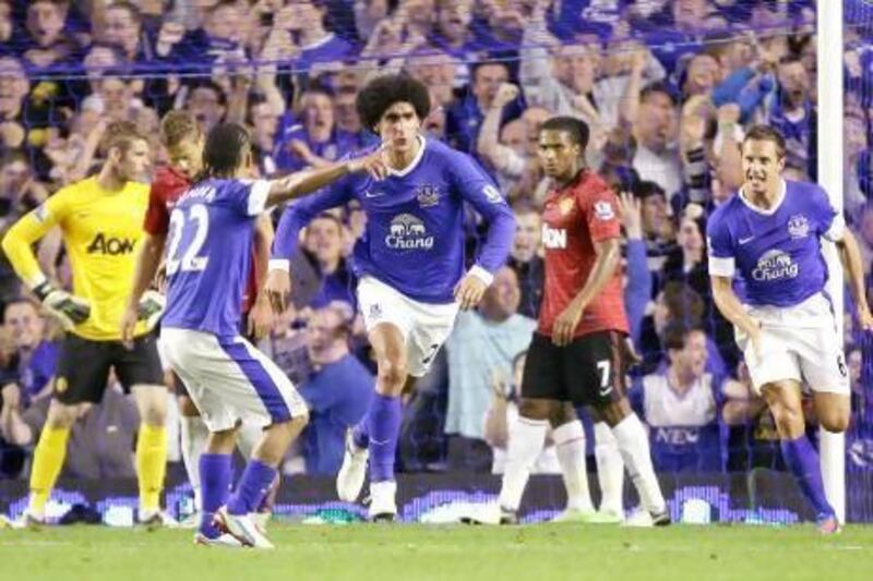 Manchester United's defenders have found it difficult to deal with Everton's Marouane Fellaini, centre.