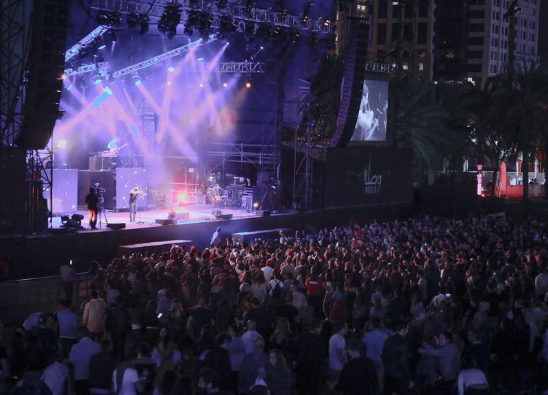 Dubai, U.A.E., January 20, 2017.   Wasla Music Festival at the Dubai Media City Ampitheatre.    Mashrou' Leila band in action.
Victor Besa for The National
ID: 33475
Reporter:  Robert Garratt
Arts & Life *** Local Caption ***  VB_012017_Al Wasla Music-39.jpg