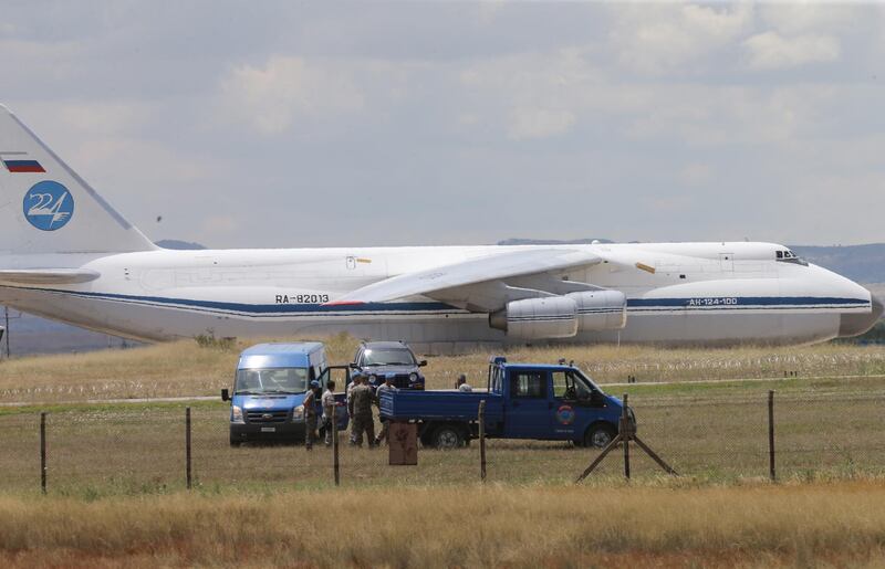 A Russian millitary cargo plane which is carrying some part of the Russian S-400 anti-aircraft missile system purchased from Russia arrived to Turkey at the Akincilar airbase in Ankara, Turkey.  EPA