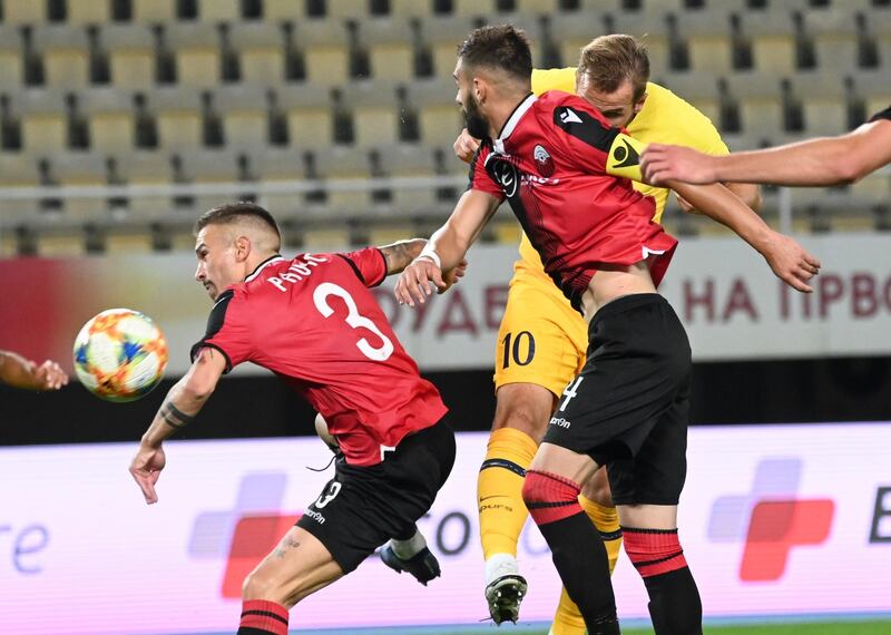 Harry Kane of Tottenham scores in Skopje, Macedonia. EPA