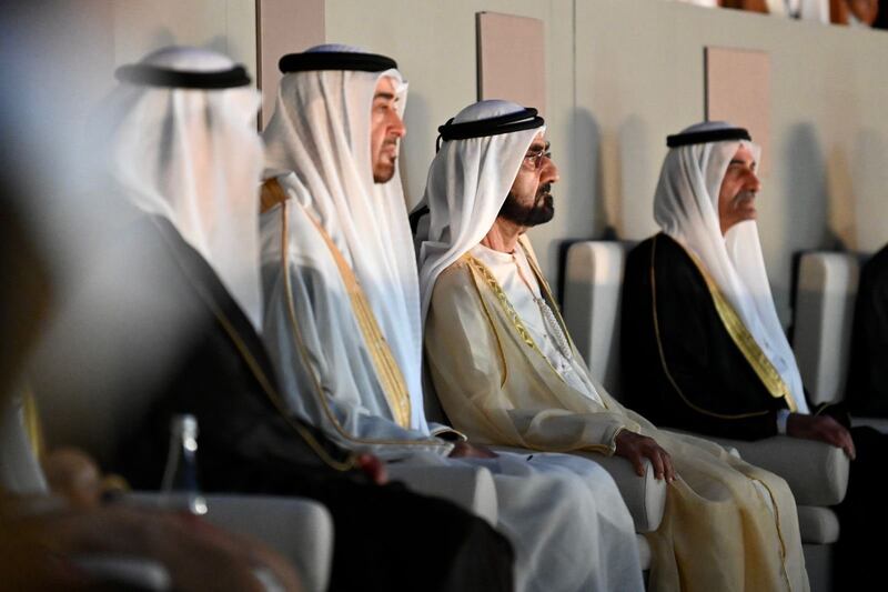 Sheikh Mohammed bin Rashid, Vice President and Ruler of Dubai, and Sheikh Mohamed bin Zayed, Crown Prince of Abu Dhabi and Deputy Supreme Commander of the Armed Forces watch the UAE's 50th National Day celebrations in Hatta