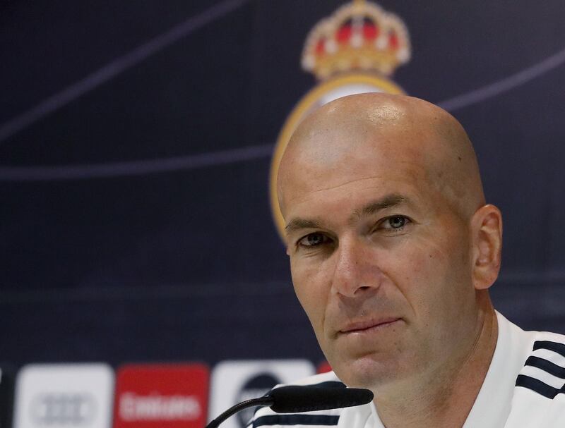 epa07546428 Real Madrid's French head coach Zinedine Zidane attends a press conference at the club's Valdebebas sport complex, in Madrid, Spain, 04 May 2019. The team prepares its upcoming La Liga game against Villarreal at Madrid's Santiago Bernabeu stadium on 05 May.  EPA/Ballesteros