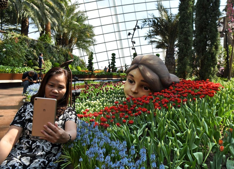 A visitor takes a selfie in front of a display of a "giant head" surrounded by tulip flowers at the Gardens by the Bay flower dome in Singapore. Roslan Rahman / AFP