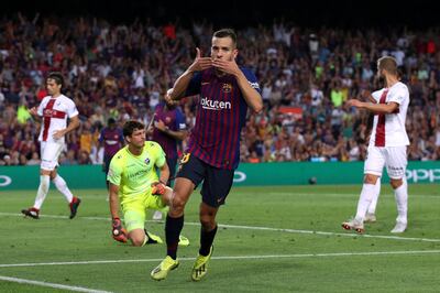 Soccer Football - La Liga Santander - FC Barcelona v SD Huesca - Camp Nou, Barcelona, Spain - September 2, 2018   Barcelona's Jordi Alba celebrates scoring their seventh goal   REUTERS/Albert Gea