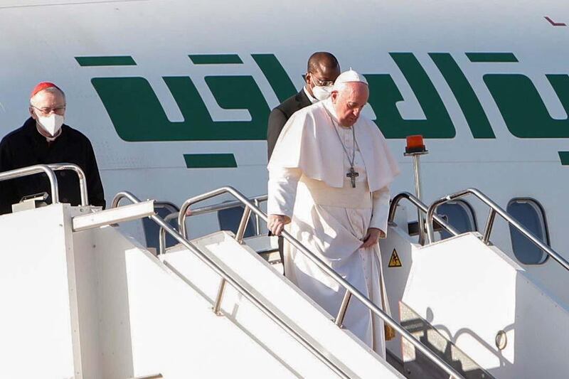 Pope Francis arrives at Erbil International Airport in Erbil, Iraq March 7, 2021. REUTERS/Azad Lashkari