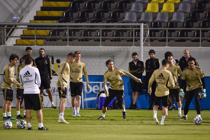 Real Madrid players attend a training session on the eve of the Spanish Super Cup final. AFP