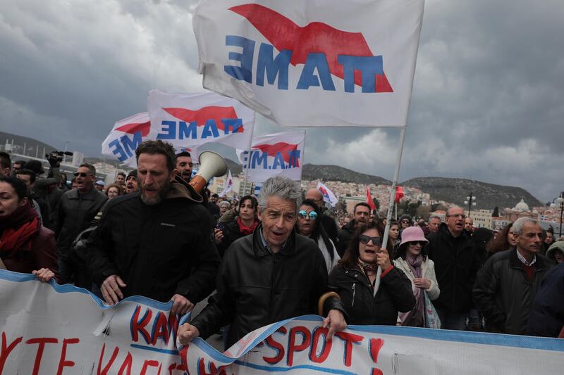 Protesters from the communist-affiliated trade union PAME take part in a demonstration in the city of Mytilene, on the island of Lesbos on Thursday. Reuters