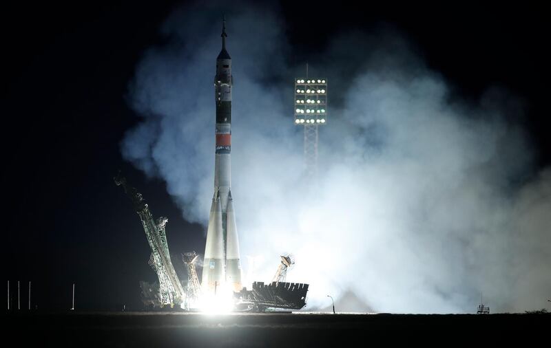 The Soyuz-FG rocket booster with Soyuz MS-15 space ship carrying a new crew to the International Space Station, ISS, blasts off at the Russian leased Baikonur cosmodrome, Kazakhstan. AP Photo