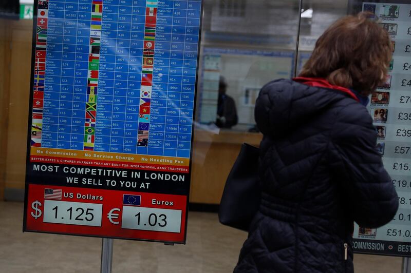 A woman looks at currency exchange showing the tourist rates they are offering for the British pound against the US dollar and the euro in central London on Thursday, March 19, 2020. The British pound has endured steep losses of 4.4% against the dollar to $1.1538, levels not seen since the mid-1980s, on speculation that the country might face a lockdown as severe as those seen in Italy and Spain due to the ongoing coronavirus outbreak. (AP Photo/Alastair Grant)