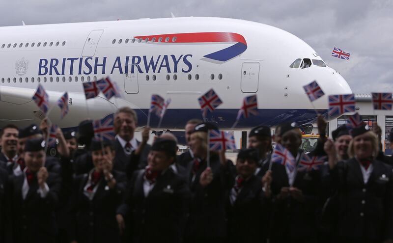 A British Union flag flies from the cockpit of a new Airbus A380 aircraft after landing at Heathrow Airport in 2013