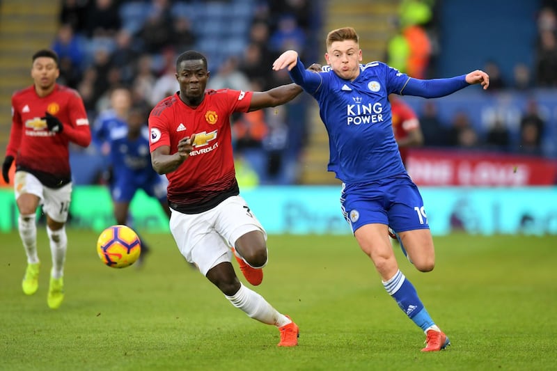 LEICESTER, ENGLAND - FEBRUARY 03:  Eric Bailly of Manchester United is challenged by Harvey Barnes of Leicester City during the Premier League match between Leicester City and Manchester United at The King Power Stadium on February 3, 2019 in Leicester, United Kingdom.  (Photo by Michael Regan/Getty Images)