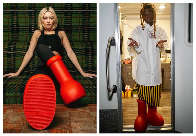 New York art collective MSCHF's red rubber Astro Boy boots, as worn by US rapper Lil Wayne, right, have caused a stir in fashion circles. Photos: Instagram / @craftybjoern; Twitter / @Saint