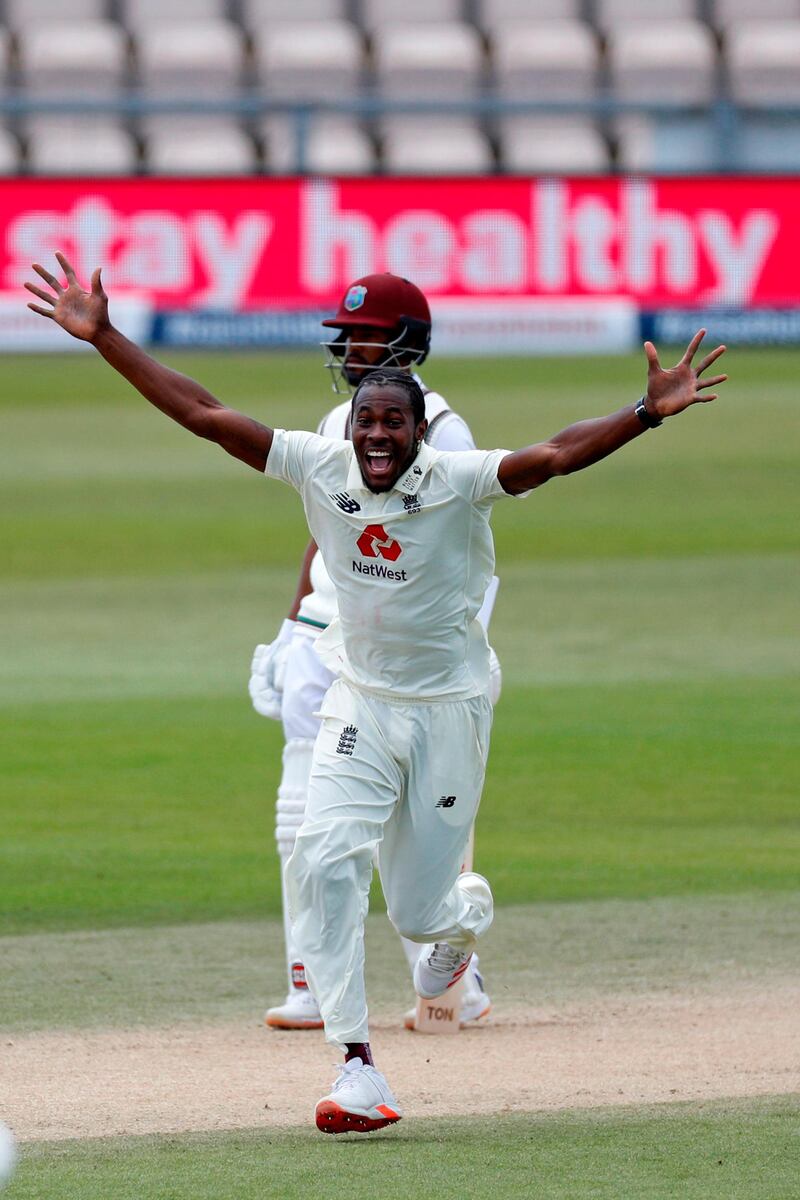 Jofra Archer  celebrates the wicket of Shamarh Brooks. AFP