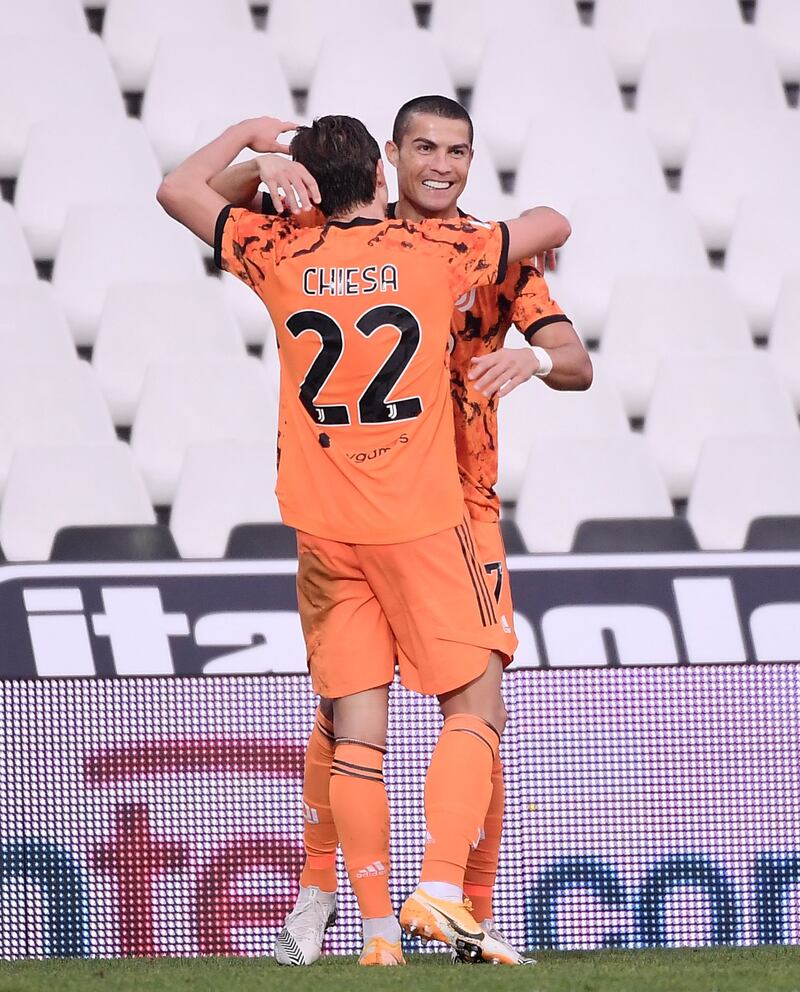 Mandatory Credit: Photo by CHINE NOUVELLE/SIPA/Shutterstock (10991709i)
FC Juventus's Cristiano Ronaldo (R) celebrates his first goal during a Serie A football match between Spezia and FC Juventus in Cesena, Italy, Nov. 1, 2020.
Italy Cesena Football Serie a Fc Juventus vs Spezia - 01 Nov 2020