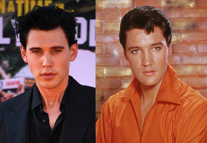 Austin Butler and Elvis Presley, who he plays in the biopic 'Elvis'. Getty Images / AFP