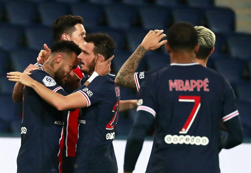 Neymar (L) celebrates with teammates after scoring the third. EPA