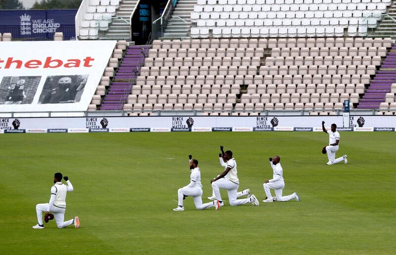 West Indies players take a knee in support of the Black Lives Matter movement during day one of the Test Series at the Ageas Bowl. PA