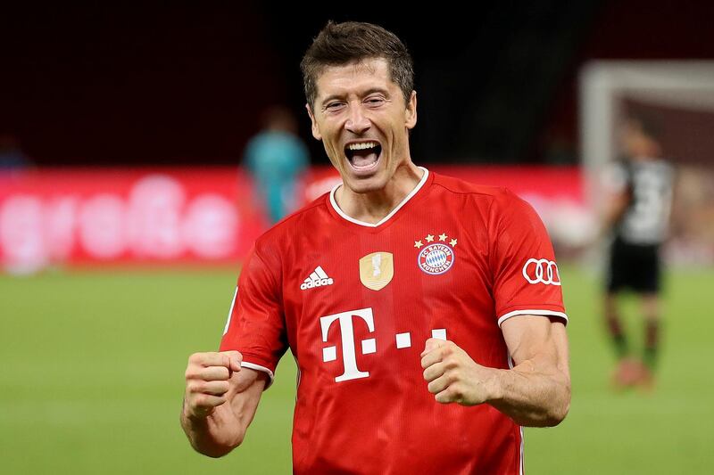 Bayern Munich's Robert Lewandowski celebrates scoring their fourth goal. Reuters