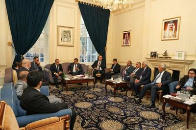 UK Minister of Middle Eastern Affairs Lord Ahmad discusses withambassadors of the Arab League countries to Britain the situation in Gaza and Israel. Photo: British Ministry of Foreign Affairs and Development in Arabic / Twitter