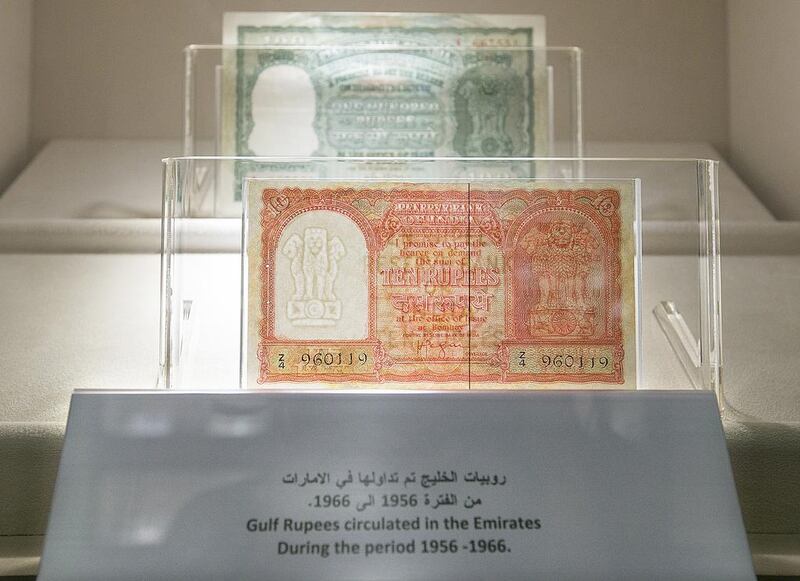 Gulf Rupes circulated in the Emirates during the period 1956 -1966. The UAE Currency Museum in the Central Bank. Abu Dhabi, United Arab Emirates. Mona Al-Marzooqi/ The National