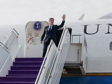 U. S.  Secretary of State Antony Blinken arrives in Riyadh, Saudi Arabia Monday, April 29, 2024.  (Evelyn Hockstein / Pool Photo via AP)