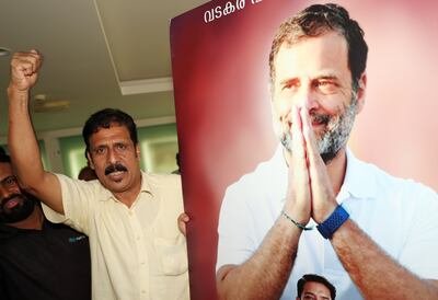 Supporters of the Congress at the Kerala Muslim Cultural Centre in Dubai cheer for Rahul Gandhi, as the party gains seats and the opposition INDIA block puts up a strong fight. Chris Whiteoak / The National