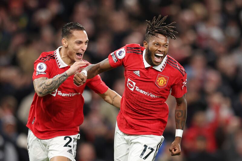 Fred celebrates with Antony after scoring. Getty