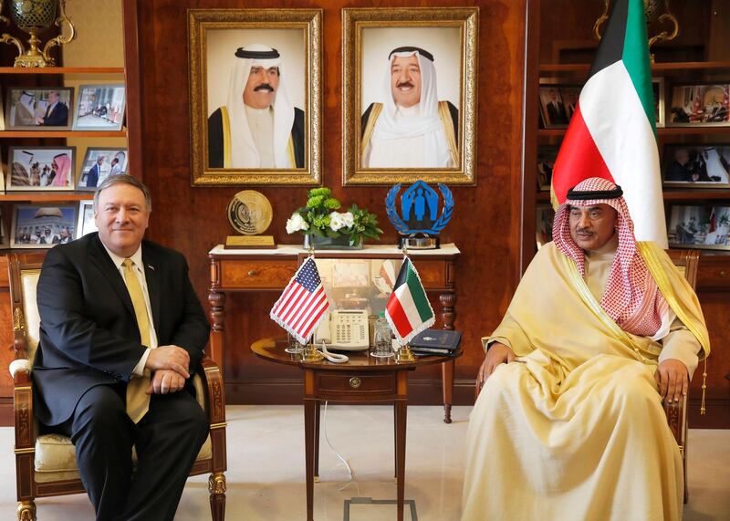 US Secretary of State Mike Pompeo meets with Kuwait's Foreign Minister Sheikh Sabah Al-Khalid Al-Sabah in Kuwait.  AP