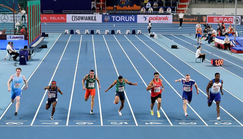 Denmark's Kojo Musah wins Heat 5 in the men's 60m at the European Indoor Athletics Championships in Torun, Poland on Saturday, March 6. Reuters