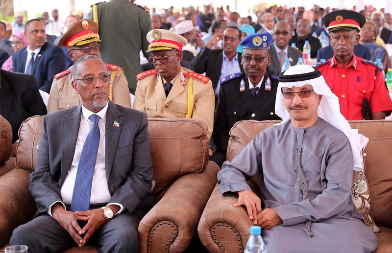 HARGEISA , SOMALILAND,  October 11 , 2018 :- Left to Right - Musa Bihi Abdi , President of Somaliland and Sultan Bin Sulayem , Chairman & Group CEO DP World during the Berbera Port Expansion contract awarding ceremony at the Presidential Palace in Hargeisa in Somaliland.  ( Pawan Singh / The National )  For News. Story by Charlie