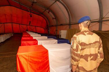 The coffins of the 13 French soldiers in Gao, Mali, 26 November 2019. EPA, HO