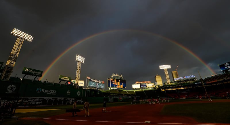 A rainbow is seen over Fenway Park before Game 2 of the World Series baseball game between the Boston Red Sox and the Los Angeles Dodgers, in Boston. AP Photo