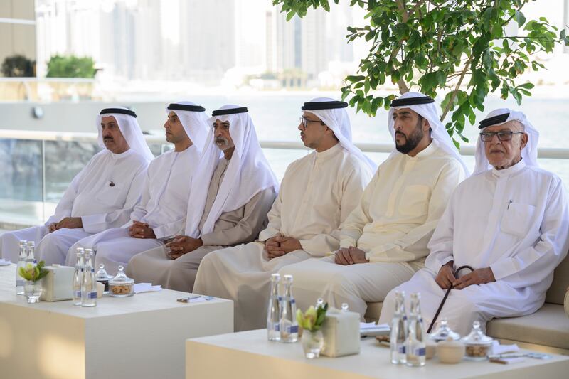 Right to left: Khalaf Ahmed Al Otaiba, Sheikh Abdullah bin Rashid Al Mualla, Deputy Ruler of Umm Al Quwain, Sheikh Mansour bin Zayed, UAE Deputy Prime Minister and Minister of the Presidential Court, Sheikh Nahyan bin Mubarak, UAE Minister of State for Tolerance, HH Sheikh Khaled bin Zayed, Chairman of the Board of Zayed Higher Organisation for Humanitarian Care and Special Needs and Saqr Ghobash, Speaker of the Federal National Council, attending the Sea Palace barza. 