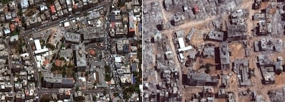 Left, satellite images of Al Shifa Hospital and its surroundings in Gaza in June 2022; right, the same area at the start of this month. Photo: Maxar Technologies