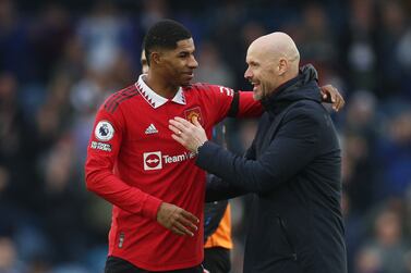 Soccer Football - Premier League - Leeds United v Manchester United - Elland Road, Leeds, Britain - February 12, 2023 Manchester United's Marcus Rashford and manager Erik ten Hag celebrate after the match Action Images via Reuters/Lee Smith EDITORIAL USE ONLY.  No use with unauthorized audio, video, data, fixture lists, club/league logos or 'live' services.  Online in-match use limited to 75 images, no video emulation.  No use in betting, games or single club /league/player publications.   Please contact your account representative for further details. 