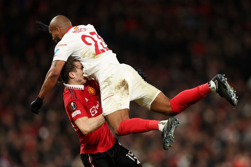 Marcao of Sevilla collides with Marcel Sabitzer of Manchester United. Getty Images