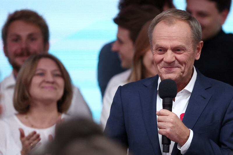 Donald Tusk, leader of the largest opposition grouping Civic Coalition, delivers a speech after the exit poll results are announced in Warsaw. Reuters