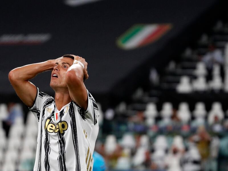 Juventus' Cristiano Ronaldo during the Champions League last-16 second leg against Lyon at the Allianz stadium in Turin on Friday, August 7. The French side won on away goals. AP
