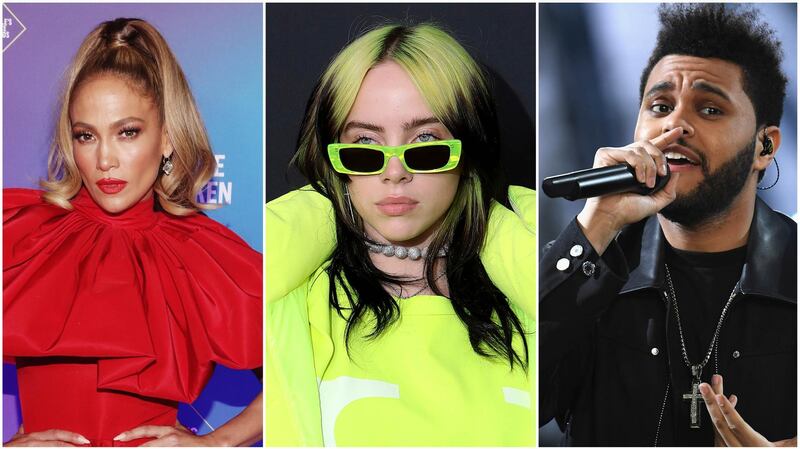 Both Jennifer Lopez and Billie Eilish are set to perform at the 2020 American Music Awards, while The Weeknd (right) leads the nominations, tied with newcomer Roddy Ricch. AP Photo, Getty Images 