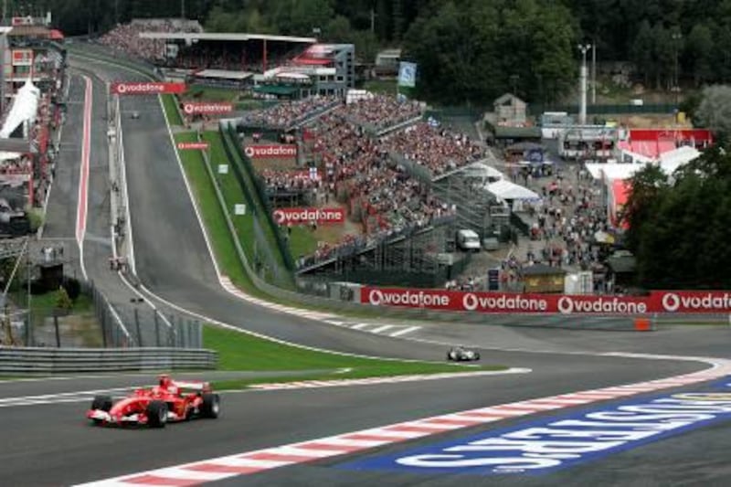 German Michael Schumacher steers his Ferrari through the Raidillon curve during the first free practice session of the Belgian F1 Grand Prix, Friday 09 September 2005, at the race track of Spa-Francorchamps. The Formula One Grand Prix is scheduled on Sunday 11.
AFP PHOTO/BELGA BENOIT DOPPAGNE