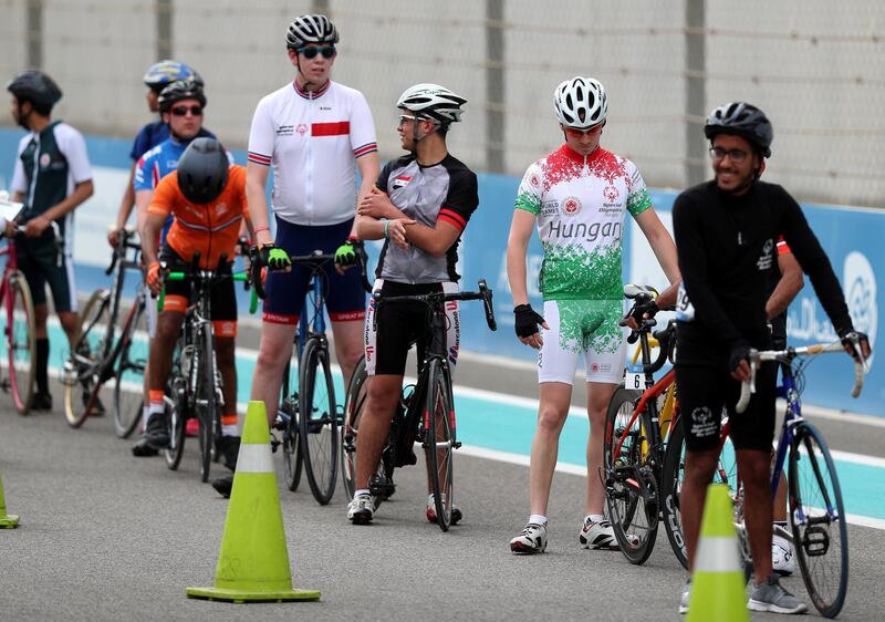 Abu Dhabi, United Arab Emirates - March 17, 2019: An athlete competes in the 5km time trial during the cycling at the Special Olympics. Sunday the 17th of March 2019 Yas Marina Circuit, Abu Dhabi. Chris Whiteoak / The National