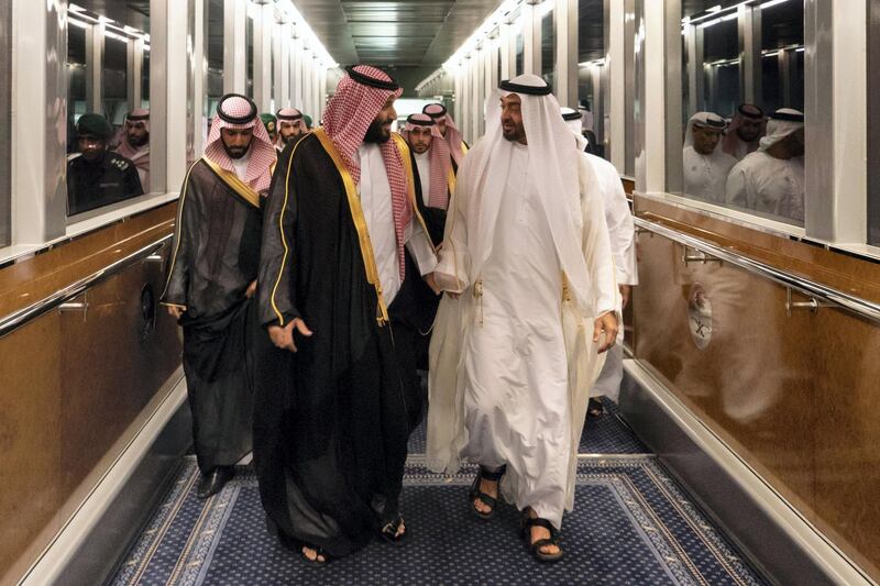 JEDDAH, SAUDI ARABIA -June 07, 2018: HH Sheikh Mohamed bin Zayed Al Nahyan, Crown Prince of Abu Dhabi and Deputy Supreme Commander of the UAE Armed Forces (R), is received by HRH Prince Mohamed bin Salman bin Abdulaziz Al Saud, Deputy Crown Prince, second Deputy Prime Minister, and Minister of Defence of Saudi Arabia (L), upon arriving at the King Abdulaziz International Airport, in Jeddah.

( Rashid Al Mansoori / Crown Prince Court - Abu Dhabi )
---