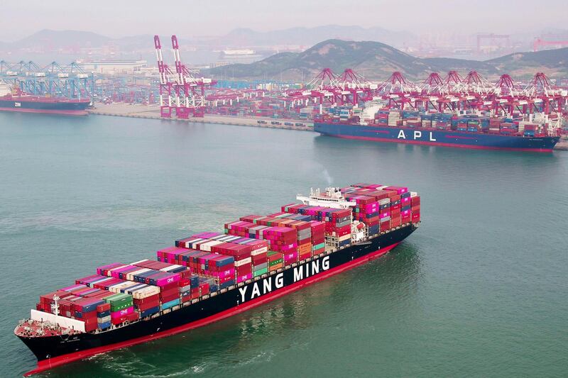 A container ship sails off the dockyard in Qingdao in eastern China's Shandong province Wednesday, May 8, 2019. China's exports fell unexpectedly in April, adding to pressure on Beijing ahead of negotiations on ending a tariff war with Washington over Chinese technology ambitions. (Chinatopix Via AP)