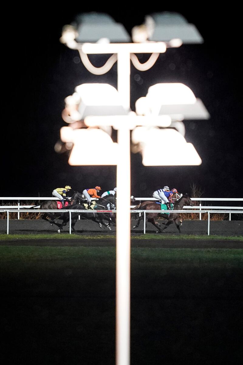 Runners and riders in The 'Road To The Kentucky Derby' Conditions Stakes at Kempton Park Racecourse in England, on Wednesday, March 4. Getty